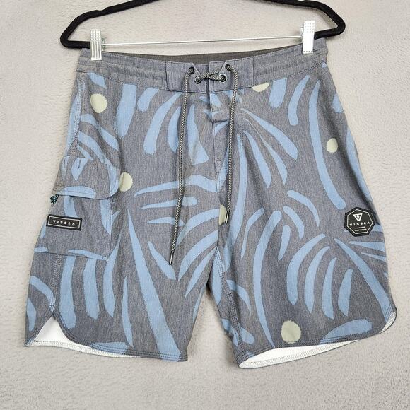 Vissla Boardshorts Mens 30 Gray Blue Leaf Print Quick Dry Stretch Swim M1065PRI - Picture 1 of 12